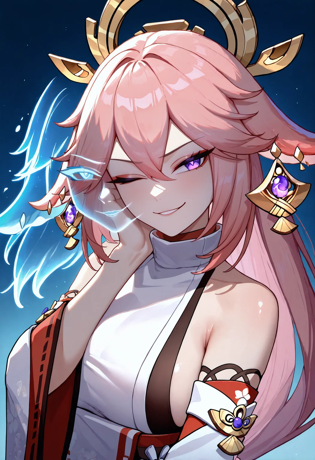 masterpiece, best quality, newest, absurdres, highres, 1girl, one eye closed, extra faces, ghost face, <lora:Ranni_illusXLNoobAI_Incrs_v1-000012:1>, yae miko, upper body, smirk,