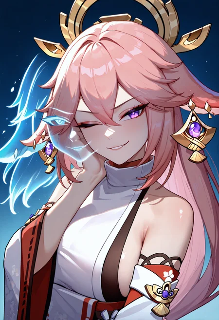 masterpiece, best quality, newest, absurdres, highres, 1girl, one eye closed, extra faces, ghost face, <lora:Ranni_illusXLNoobAI_Incrs_v1-000012:1>, yae miko, upper body, smirk,