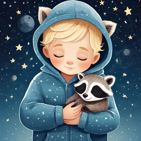 illustration, children's book, simple art of a sleeping toddler boy with short wavy blonde hair wearing a hoodie, holding a single stuffed animal racoon. dreamlike, stars, galaxy, kid