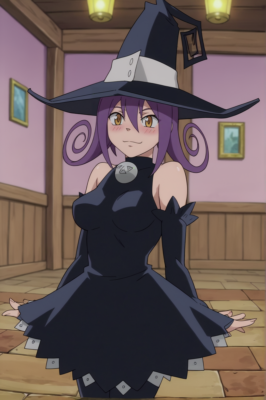 score_9, score_8_up, score_7_up,anime_source, source_anime, best background, detailed background, anime screencap,  Blair, Witch Outfit, dancing, cowboy shot, blush, indoors, dynamic angle, dynamic camera, <lora:JN_Blair_Soul_Eater:0.8>