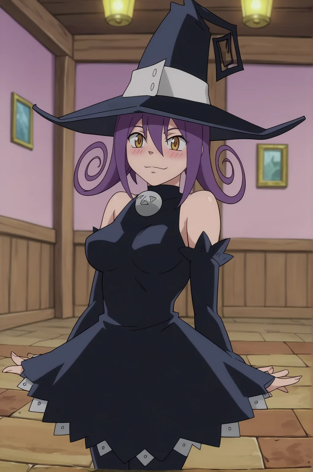 score_9, score_8_up, score_7_up,anime_source, source_anime, best background, detailed background, anime screencap, Blair, Witch Outfit, dancing, cowboy shot, blush, indoors, dynamic angle, dynamic camera, <lora:JN_Blair_Soul_Eater:0.8>