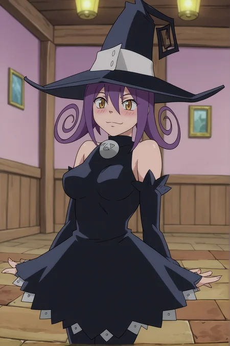 score_9, score_8_up, score_7_up,anime_source, source_anime, best background, detailed background, anime screencap, Blair, Witch Outfit, dancing, cowboy shot, blush, indoors, dynamic angle, dynamic camera, <lora:JN_Blair_Soul_Eater:0.8>
