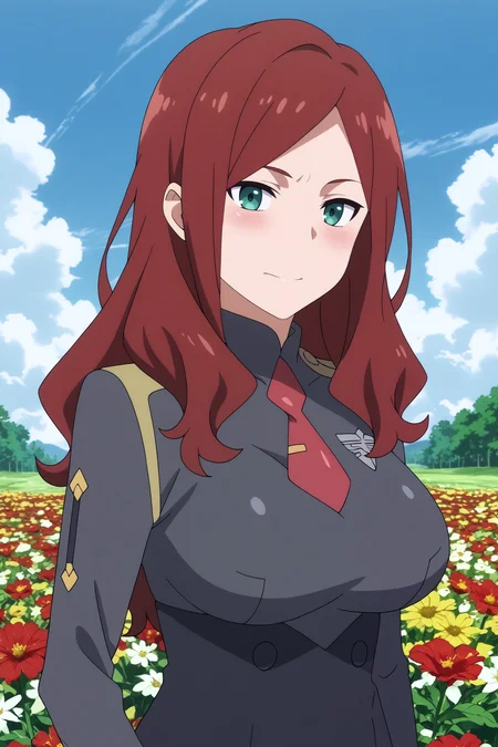 nana,1girl,solo,long hair,uniform,military_uniform,brown hair,necktie,breasts,large breasts,mature,smile,arms_under_breasts BREAK outdoors,blue sky,cloudy_sky,red flower,flower field,tree <lora:Nana_-_Darling_in_the_franxx.safetensors:0.8> <lora:detailed_backgrounds_v2.safetensors:0.5>