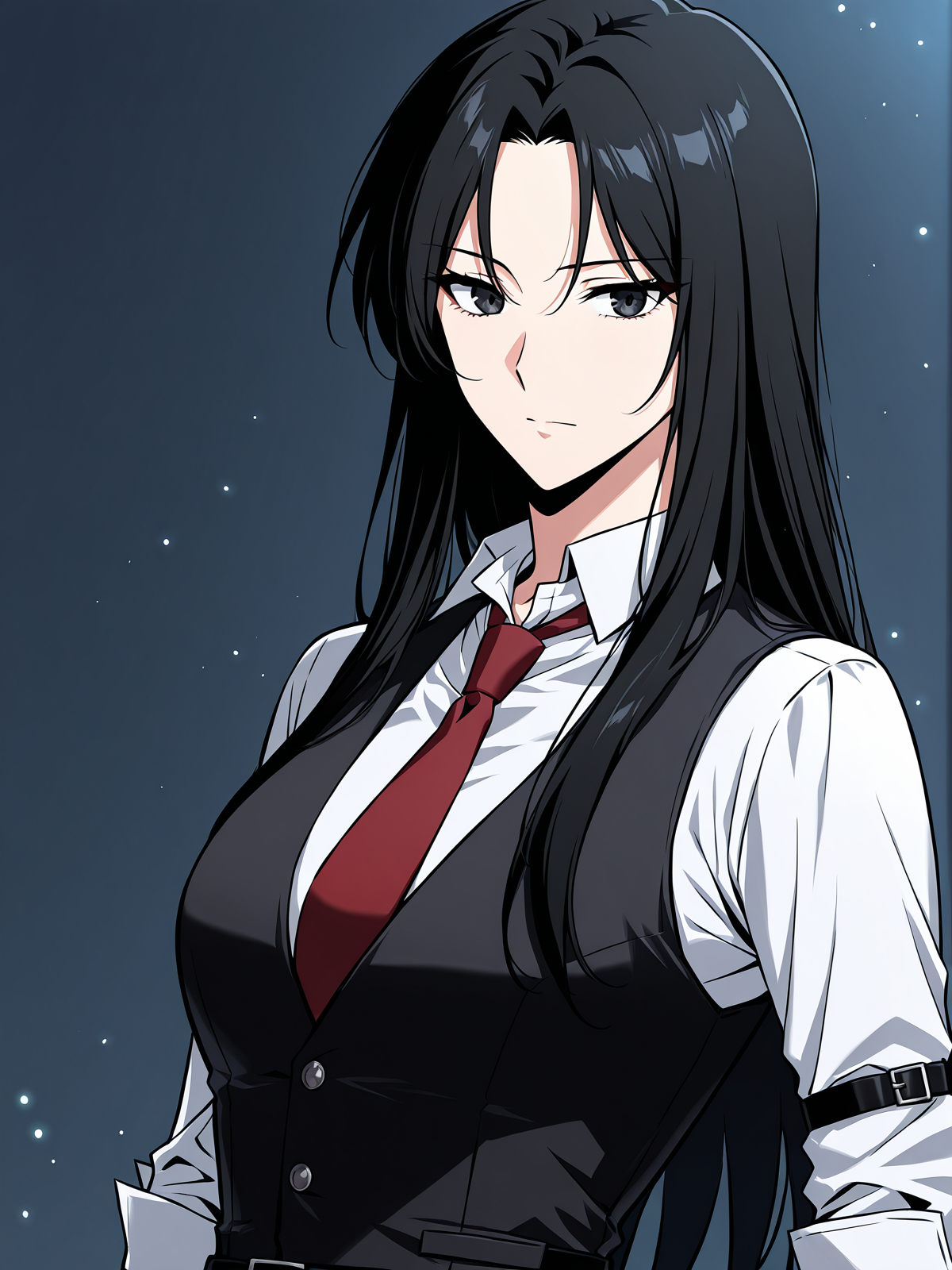 <lora:Omniscient_Readers_Viewpoint__Jung_Heewon:1>
1 girl, solo, black hair, long hair, black eyes, straight hair, loose hair, 
white shirt, red necktie, black vest, black pants, black belt, formal outfit, sleeveless vest, rolled-up sleeves, 
score_9, score_8_up, score_7_up, score_6_up, source_anime, rating_explicit, masterpiece, best quality, intricate details, gothic fantasy, upper body portrait, dramatic pose, confident gaze, cinematic lighting, clean background, glowing magical particles, detailed face, vibrant colors