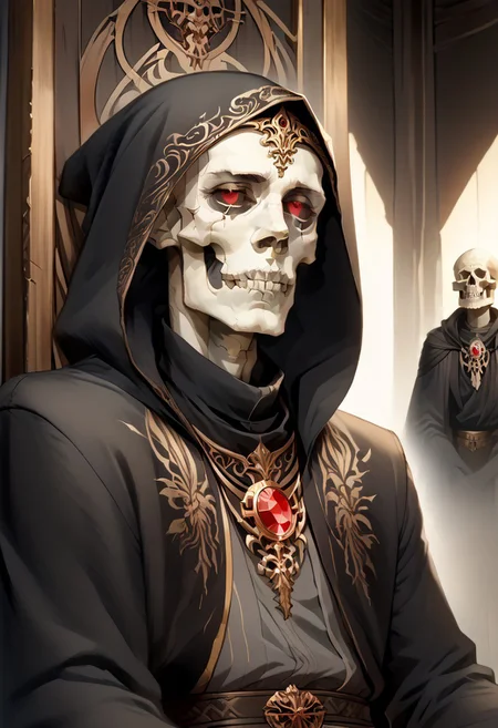 8k, score_9, score_8_up, score_7_up, Art Noveau, masterpiece, 1man (skeleton), (skull face), empty eye sockets, glowing red eyes, grey skin,
intricate black robe, intricate gold sash, black pants, black hood, gold trim, black capelet, high collar, no ears, long sleeves, long intricate gloves, emerald amulet. bracers,
sitting on throne, dark ruined palace, indoors,
1dk, portrait, Art Noveau, Noveau, skeleton, glowing eyes, black sclera, empty eyes, FFAOR, sharp_LASCALAE, ultra sharp focus,