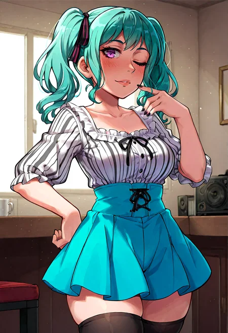 IllustriousQual, <lora:StS-Illustrious-Detail-Slider-v1.0:2> <lora:cfg_scale_boost:0.3> <lora:StS_Age_Slider_Illustrious_v1:3>,detailed_background,indoors,bang dream!,closed mouth,nail polish,solo,hatsune miku,red nails,hand up,frills,yuutenji nyamu,collarbone,official art,doroshii,thighhighs,purple eyes,vocaloid,high heels,plaid bow,aqua hair,looking at viewer,striped shirt,1girl,amoris \(bang dream!\),twintails,hair bow,shorts,white gloves,one eye closed,no mask,frilled dress