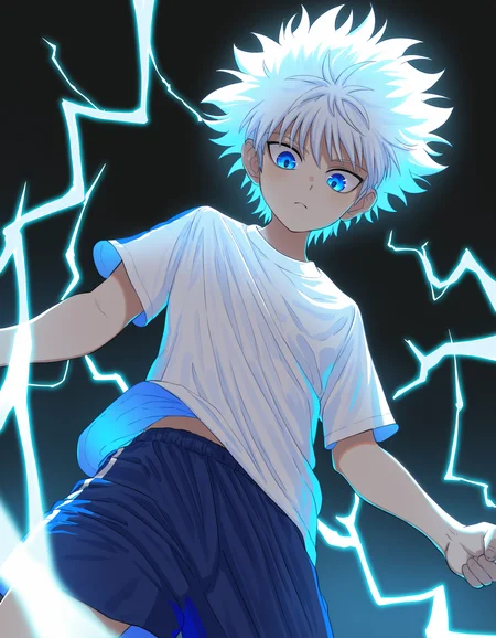 masterpiece, best quality, luye-style, simple background, backlighting, 1boy, solo, Killua Zolyck, White hair, blue eyes, looking down at viewer, white shirt, blue shorts, electricity, glowing, spiked hair, power pose <lora:luye-yuan_naXL_v3c-ShoAI:1>