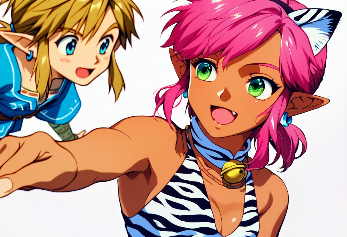 score_9, score_8_up, score_7_up, score_6_up, Masterpiece, source_anime screenshot, duo, 1 girl, 1 boy, vivid colors, full color, shiny and glossy, anime style, high-res, beautiful aesthetic, very intricate, high-quality details, vibrant, highly detailed, award-winning, professional, <lora:pink-ponyxl-v2:1>, 1 girl, single fang showing, sleeveless dress, white tiger print dress, pelvic curtain, cleavage, white cat ears, cat bell necklace, bright pink hair, tanned, white tiger tail, red sash, small breasts, leather shoes, detailed eyes, green eyes, detailed face, break, <lora:link:1> 1boy, link1, link, pointy ears, blonde hair, blue eyes, medium hair, side locks, earrings, short ponytail, blue hylian tunic, break, pink and link turning away from viewer, looking away from viewer, pointing and laughing at something behind them, mocking laughter, blank white background, zoom out, pink and link backs to the viewer