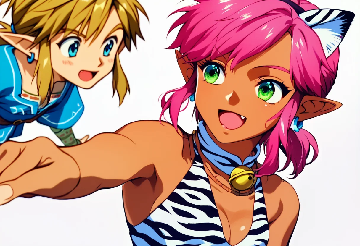 score_9, score_8_up, score_7_up, score_6_up, Masterpiece, source_anime screenshot, duo, 1 girl, 1 boy, vivid colors, full color, shiny and glossy, anime style, high-res, beautiful aesthetic, very intricate, high-quality details, vibrant, highly detailed, award-winning, professional, <lora:pink-ponyxl-v2:1>, 1 girl, single fang showing, sleeveless dress, white tiger print dress, pelvic curtain, cleavage, white cat ears, cat bell necklace, bright pink hair, tanned, white tiger tail, red sash, small breasts, leather shoes, detailed eyes, green eyes, detailed face, break, <lora:link:1> 1boy, link1, link, pointy ears, blonde hair, blue eyes, medium hair, side locks, earrings, short ponytail, blue hylian tunic, break, pink and link turning away from viewer, looking away from viewer, pointing and laughing at something behind them, mocking laughter, blank white background, zoom out, pink and link backs to the viewer