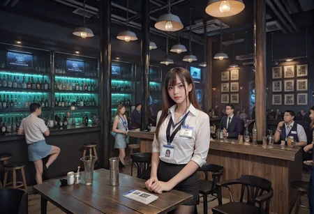 score_9,score_8_up,score_7_up,8k,,ruanyi0729,indoors,bar \(place\),crowd,,ruanyi0506,bra,pantyhose,miniskirt,id card,lanyard,black bra,black necktie,<lora:0729 late night bar_v1_pony:1>,<lora:0506 Emma OL_v1_pony:0.7>