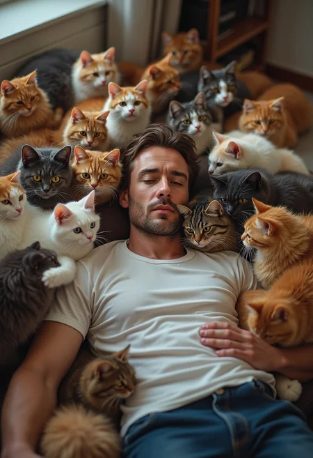 A photo of a man laying on a sofa, he is swamped by a hoard of different type of cats