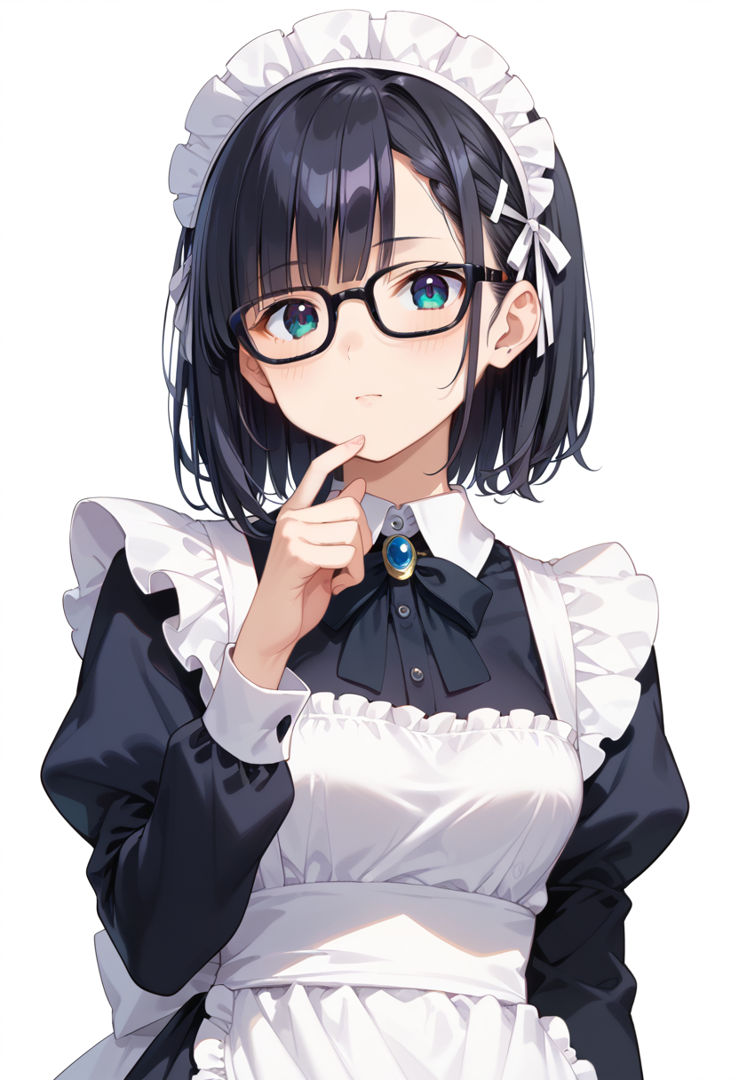 score_9, score_8_up, score_7_up, rating_safe, masterpiece, best quality, absurdres, unity 8k wallpaper, official art, official style, source_anime, uncensored, game cg, megami magazine,
1girl, solo, black hair, medium hair, upper body, covered eyes,maid, maid headdress, black dress, maid apron, face focus,
Wellington22A, glasses, white background, simple background, black-framed eyewear
 <lora:glasses_Wellington22A1_PONY_V1:1>