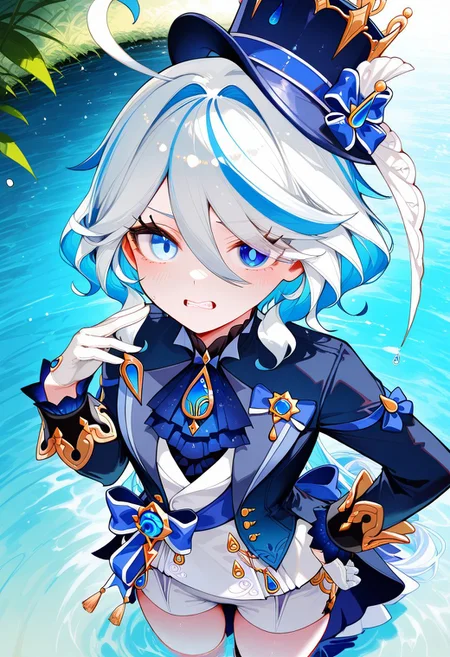 masterpiece, highres, absurdres,amazing quality, best quality, detailed background, 8k,furina \(genshin impact\), 1girl, {{omone hokoma agm,{{wanke,xiaoluo xl}}, ciloranko}},,shimazu tekkou, {nibiiro shizuka}, [[tsunako]], henriiku \(ahemaru\), [itomugi-kun], ascot, blue ascot, blue brooch, blue gemstone, blue hair, blue hat, blue jacket, clenched teeth, cowlick, drop-shaped pupils, eyelash ornament, gem, gloves, hand on own hip, hat, heterochromia, jacket, looking at viewer, mismatched pupils, multicolored hair, on water, open mouth, ouji fashion, short hair, shorts, solo, splendor of tranquil waters \(genshin impact\), standing, streaked hair, symbol-shaped pupils, teeth, top hat, wavy hair, white gloves, white hair, white shorts
