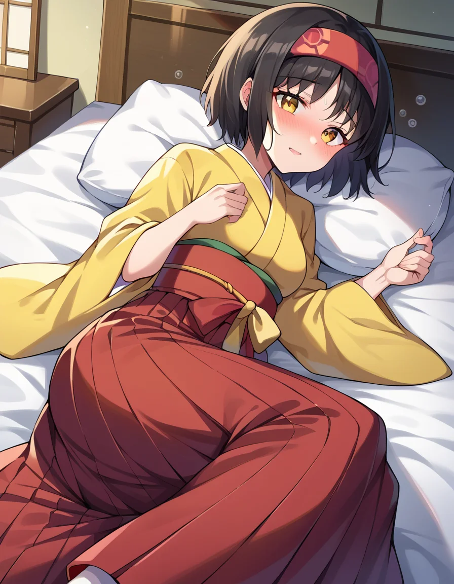 score_9, score_8_up, score_7_up, source_anime,
pokemonerika, <lora:pokemon-erika-ponyxl-lora-nochekaiser:1>
pokemonerika, yellow eyes, black hair, headband, short hair,
japanese clothes, kimono, hakama, red hakama, long sleeves, wide sleeves,
indoors, bed, bed room, on side, blush, drunk,
looking at viewer, cowboy shot, dutch angle,