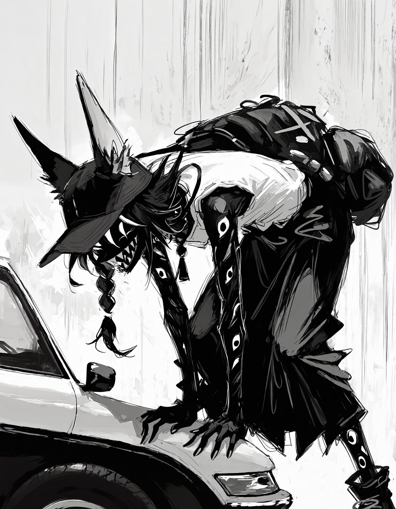 masterpiece,  best quality, newest, highres, absurdres,  <lora:fuyumur4s4ki_style:1>,fuyumur4s4ki_illu, black sclera, extra eyes, motor vehicle, fox boy, single braid, closed eyes, nail polish, skirt, leaning forward, sharp teeth, monochrome, clenched hands, hat, abstract background