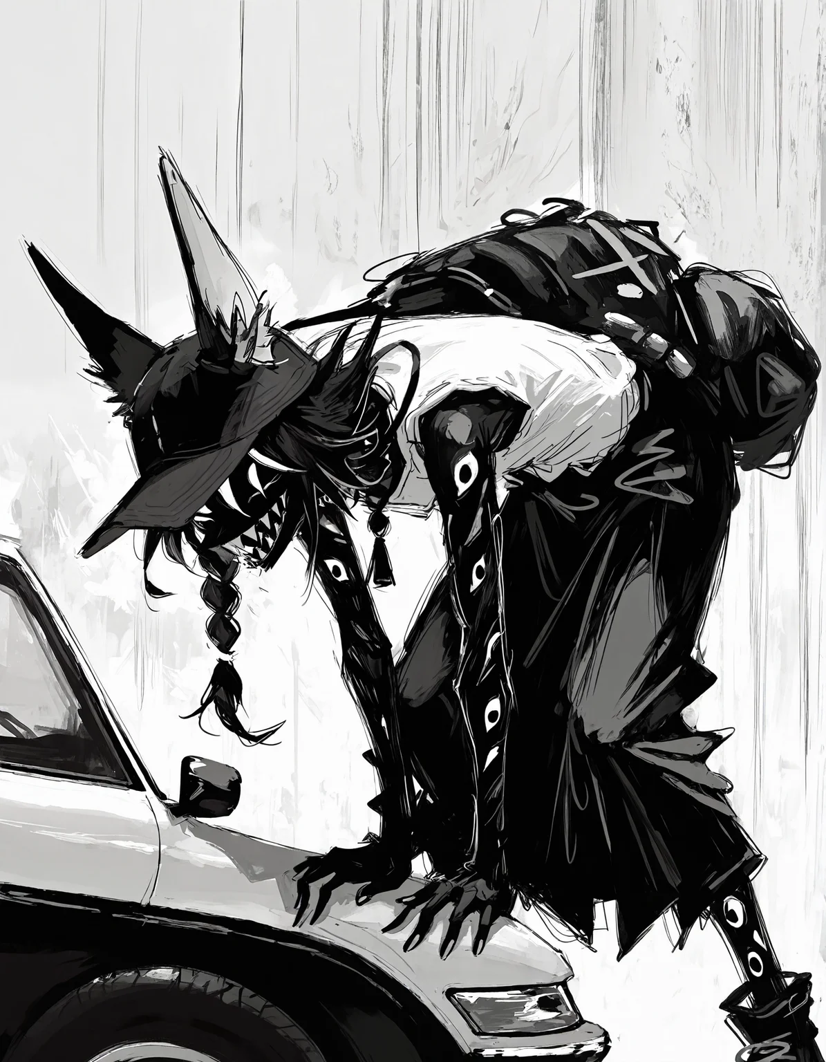 masterpiece, best quality, newest, highres, absurdres, <lora:fuyumur4s4ki_style:1>,fuyumur4s4ki_illu, black sclera, extra eyes, motor vehicle, fox boy, single braid, closed eyes, nail polish, skirt, leaning forward, sharp teeth, monochrome, clenched hands, hat, abstract background