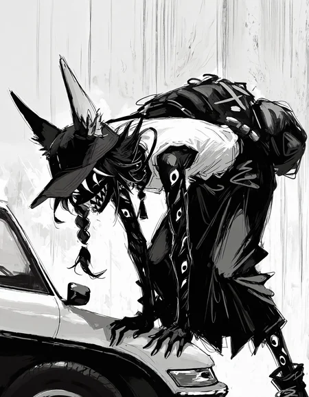 masterpiece,  best quality, newest, highres, absurdres,  <lora:fuyumur4s4ki_style:1>,fuyumur4s4ki_illu, black sclera, extra eyes, motor vehicle, fox boy, single braid, closed eyes, nail polish, skirt, leaning forward, sharp teeth, monochrome, clenched hands, hat, abstract background