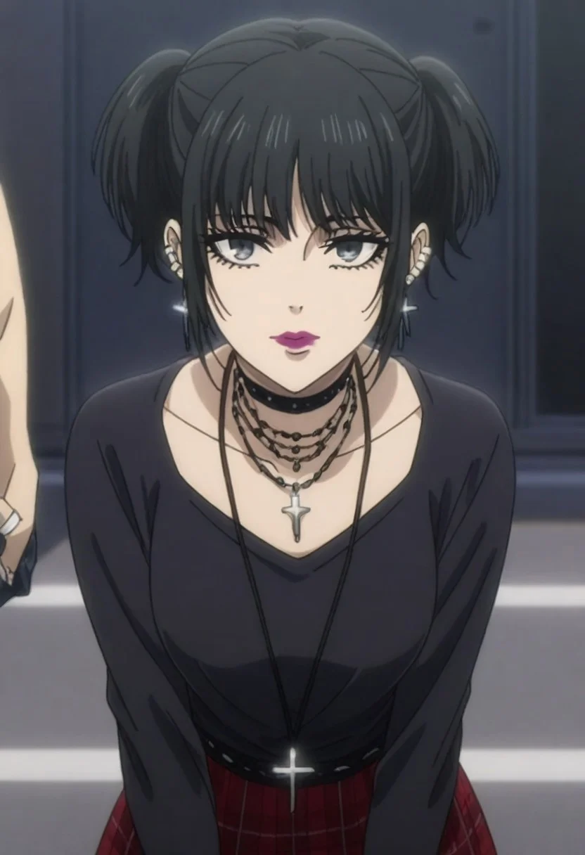 score_9,score_8_up,score_7_up,score_6_up,score_5_up, masterpiece, best_quality, ultra-detailed, masterpiece, 1girl, mikasgth, black hair, twintails, bangs, makeup, choker, necklace, long necklace, black sweater, earrings, plaid skirt, long skirt