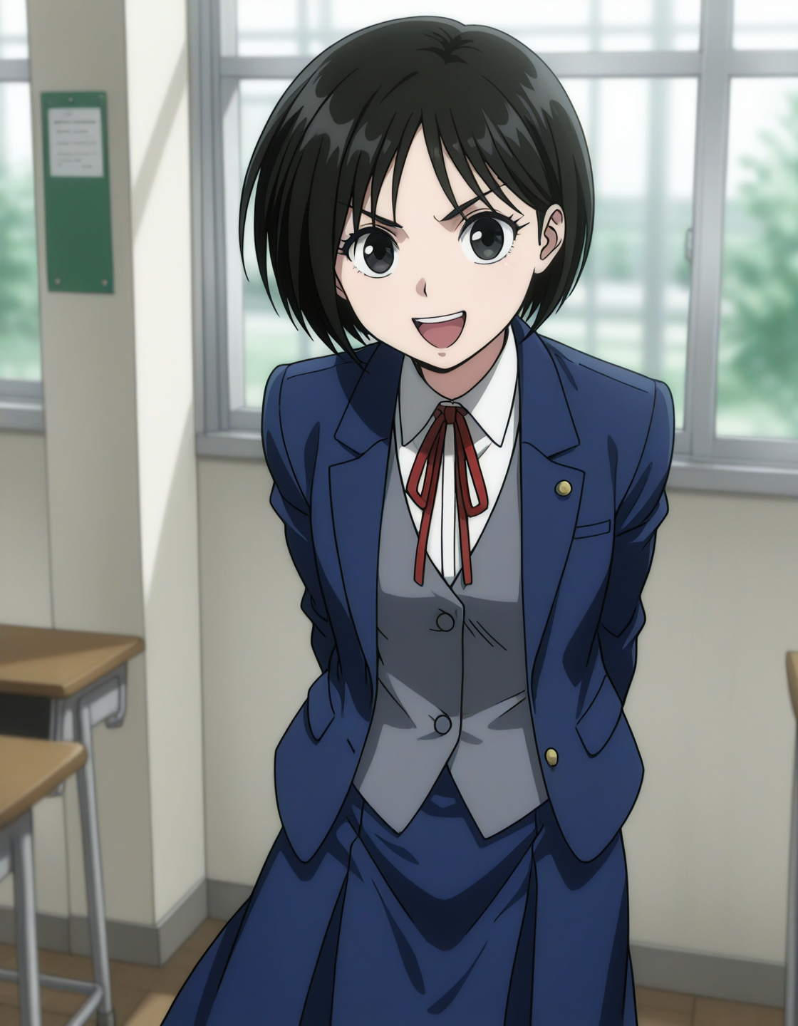 1girl, solo, nakamura asako, black hair, short hair, bob cut, black eyes, smile, open mouth, (v-shaped eyebrows:0.8), school uniform, blazer, neck ribbon, open jacket, white collared shirt, grey vest, blue skirt, long skirt, looking at viewer, standing, hands behind back, cowboy shot, window, school, classroom, depth of field, light theme <lora:nakamura_asako_ilxl_v1:0.7>