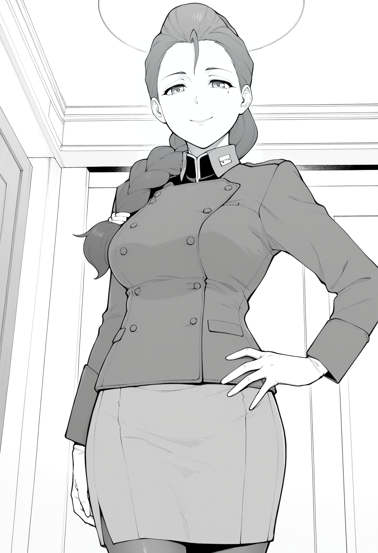 1girl,solo,mm,mature female,mole under eye,braid,braided ponytail,hair over shoulder,greyscale, monochrome, 
uniform,military uniform,skirt,pantyhose,hand on own hip, looking at viewer, smile,indoors
,masterpiece,best quality,amazing quality,<lora:Frederica_Herme-Gundam_Valpurgis:0.8>