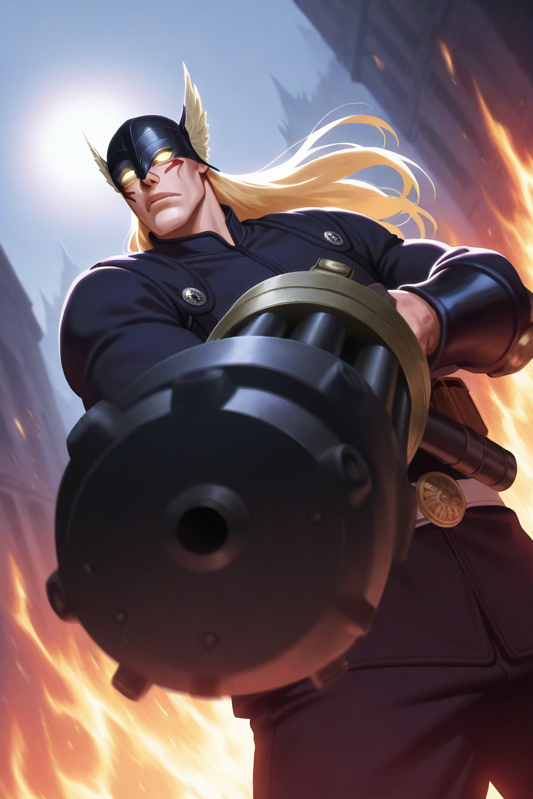 realistic shading, natural lighting, expressive serious face, male with blank eyes focus, gerardblch, blonde_gerardblch_long hair, white-yellow_gerardblch_winged helmet, yellow_gerardblch_glowing eyes, black_gerardblch_vine-leaf circlet, red_gerardblch_facepaint, 1boy, holding gun, gatling gun, fighting stance, aiming, military cosplay, military uniform, shiny skin, cowboy shot, fire, flames, day outdoors warzone, surreal, symbolic background, shadow, foreshortening, dutch angle, dynamic angle, dynamic action, intricately detailed illustration, cinematic, depth of field, atmospheric perspective, masterpiece, best quality, amazing quality, very aesthetic, absurdres, newest, anime screencap