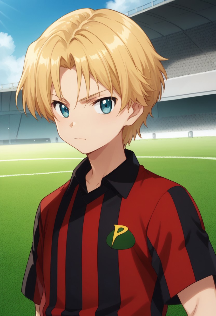 score_9, score_8_up, score_7_up, source_anime, highly detailed,
takuma, 1boy, male focus, solo, blonde hair, blue eyes, predators soccer uniform, soccer uniform, red shirt, black shirt, upper body,
outdoor,