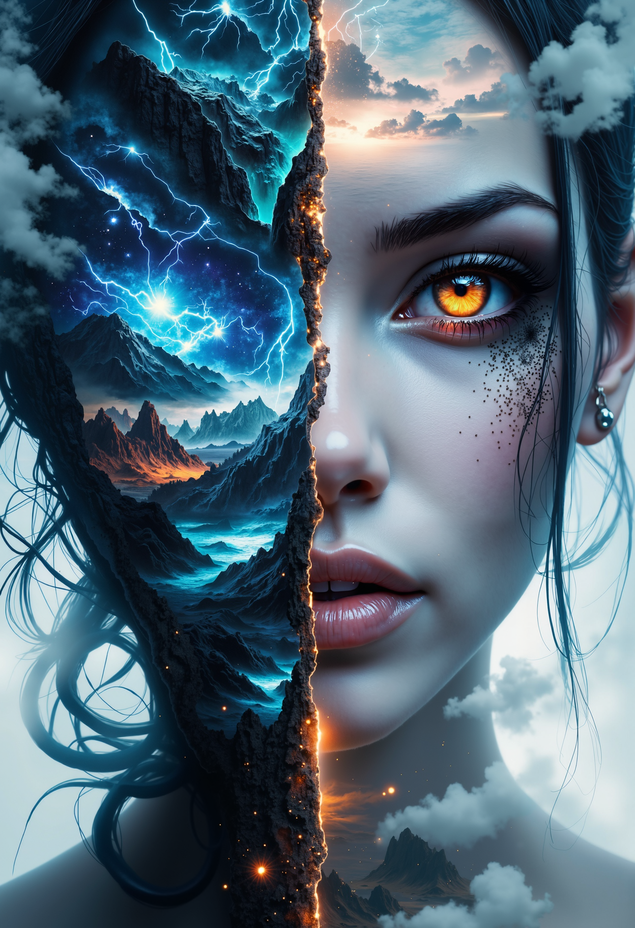 bo-neon, bo-abyss, bo-cityscape, bo-exposure, bo-cyberpunk, bo-steampunk, foggy, surreal dream, double exposure, living in a thunder cloud, In the heart of a dreamscape, where reality blurs with imagination, lies a face that is both a canvas and a portal. The left half of this visage is a portal to a world of swirling blues and greens, where mountains rise like ancient sentinels beneath a sky painted with the hues of dawn. The right half mirrors this ethereal beauty, yet it is adorned with delicate patterns that shimmer like stardust, and eyes that hold the depth of a thousand lifetimes.  The eyes of this face are pools of cerulean depths, reflecting the mysteries of the universe. They are framed by a cascade of teal and turquoise, as if the very essence of the ocean has been distilled into the skin. Tiny droplets of liquid glitter across the right side, as if the face has been kissed by the morning dew.  The texture of this face is a symphony of smooth and rough, delicate and bold. The left side is a soft, almost whisper-like whisper, while the right side is a bold, almost palpable presence. The hair on the left side is a cascade of dark, flowing tendrils, while the right side is a delicate, wispy veil that catches the light like a whisper in the wind.  The background is a canvas of shadows and light, where the interplay between the two halves creates a dynamic dance of contrasts. The left side is a dark, almost black void, while the right side is a luminous, almost ethereal glow. The landscape on the left side is a serene, almost dreamlike vista, while the right side is a vibrant, almost surreal tableau.  The overall effect is one of a surreal, dreamlike world where the boundaries between reality and imagination blur. The face is a living, breathing entity, a bridge between worlds, and a portal to the infinite. It is a masterpiece of surrealism, a blend of the natural and the fantastical, the real and the imagined, and the tangible and the ethereal.<lora:Flux\boFLUX digital-abyss.safetensors:0.7000000000000001:0.7000000000000001> <lora:boFLUX Abyss Neon.safetensors:0.7000000000000001:0.7000000000000001> <lora:Flux\boFLUX In the Sky v2.safetensors:0.85:0.85>