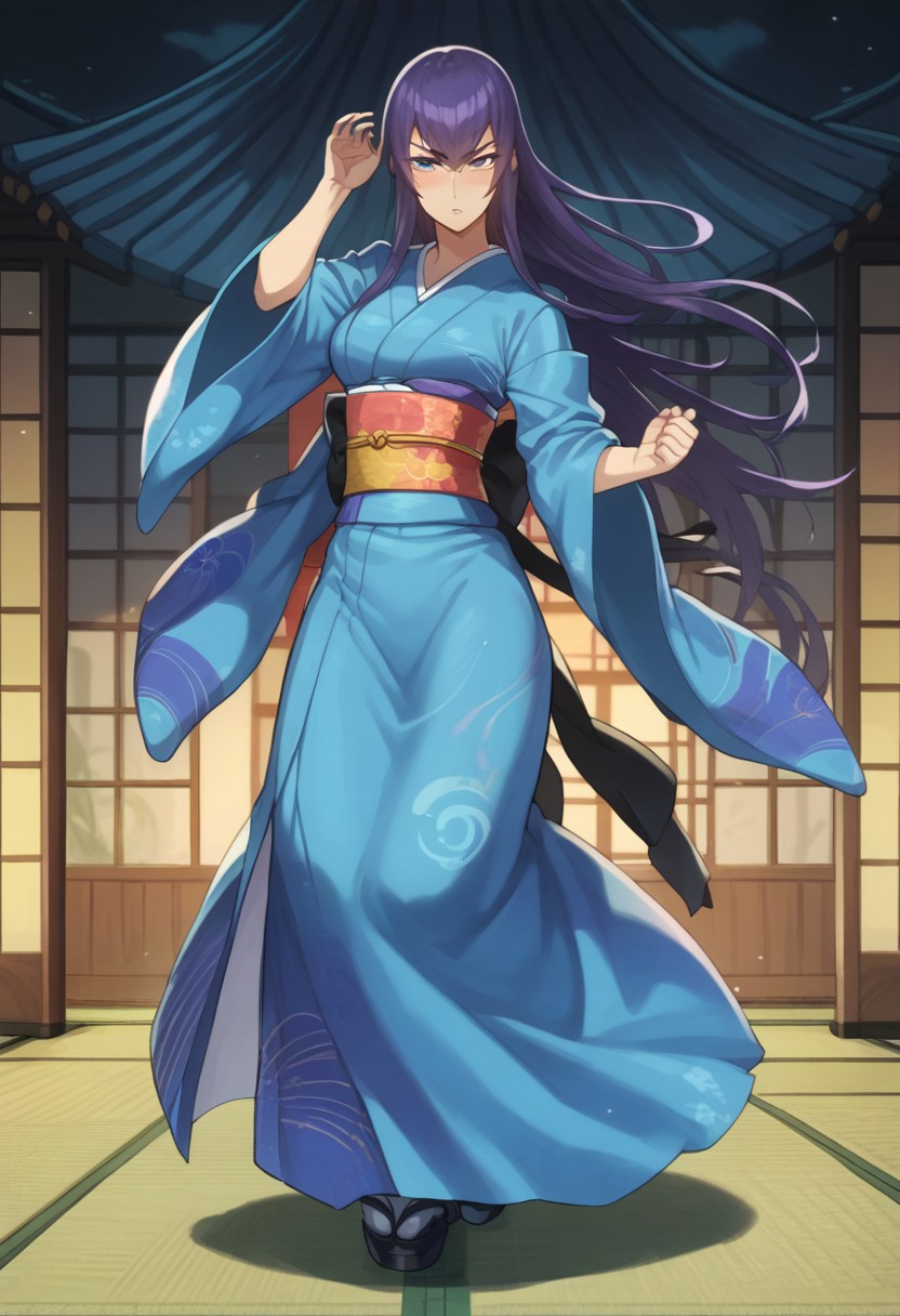 score_9, score_8_up, score_7_up, black bow tie, saeko_busujima, purple hair,  blue eyes, long hair, hair between eyes, japanese clothes, multicolored kimono, obi, sash, blue kimono, wide sleeves, fighter pose, serious eyes, blushing, full body shot