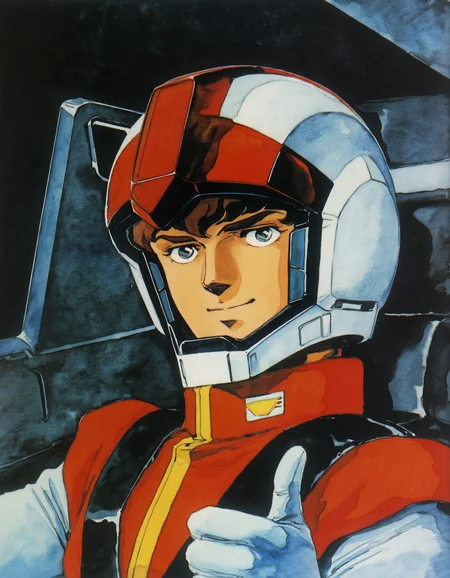 (retro artstyle, 1980s \(style\), traditional media:0.6), painting \(medium\), masterpiece, chair,upper body,mobile suit gundam,sitting,solo, 1boy, science fiction,robot,looking at viewer,amuro ray, thumbs up, male focus,cockpit,mecha,seatbelt,spacesuit,oldschool,military,pilot suit,gloves, smile,helmet,pilot,yasuhiko yoshikazu,pilot helmet,official art,z'gok,gundam,machinery,vest,
<lora:Kitazume Hiroyuki 1980 1990 Lycoris Illustrious 0.1-step00000650:0.7>