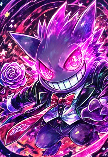 score_9, score_8_up, score_8,
gengar, no humans, gengar, :d, creatures (company), game freak, gen 1 pokemon, glowing, glowing eyes, kaosu (kaosu0905), nintendo, no humans, open mouth, pink eyes, pokemon, pokemon (creature), smile, solo, teeth, tuxedo, formal clothes, tie, rose,