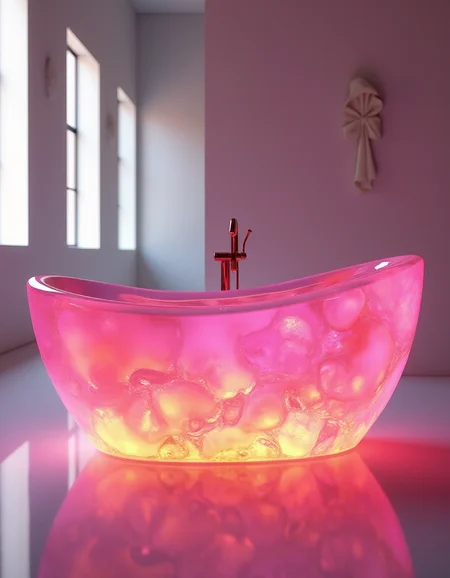 Ultra contemporary modernist 'glowing pink and gold bathtub', made of iridescent colored crystal, minimalist background with large windows, dramatic lighting from behind, hyper realistic details, ultra high resolution rendering --ar 51:64, beautiful shadows, detailed textures, detailed scene, ultra detailed, best quality, 4K, hyperdetailed image, realistic skin texture, photorealistic image, ray tracing<lora:add-detail-xl:1> <lora:Flux-style-xl-lora:1> <lora:extremely_detailed:1> <lora:xl_more_art-full_v1:1> <lora:ElvenInterior:1>