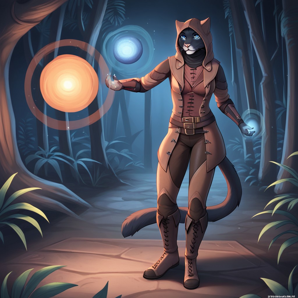 khamira, black fur, blue eyes, furry, feline, grey fur, two-tone fur, hood, jacket, pants, boots, cat hood, belt, magic, floating orbs, moons, standing, solo, 1girl, furry, outdoors, jungle, night, dynamic lighting, detailed