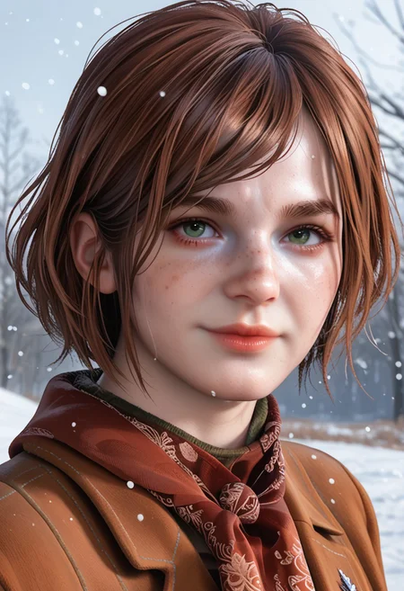 score_9, score_8_up, score_7_up, score_6_up
<lora:TLOU2Ellie:0.8>
TLOU2Ellie, <lora:RE4RAshley:0.8>
RE4Ashley, 1girl, red hair, short haircut, bob haircut, green eyes, looking at viewer, cute face, pretty face, beautiful face, pretty smile portrait, cowboy uniform, looking at viewer, standing in a field, snow falling, cold weather,