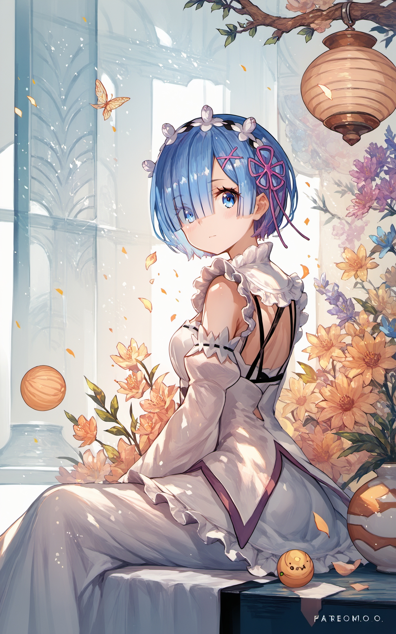 (score_9,score_8_up),score_7_up,score_6_up,score_5_up,source_anime,<lora:fuzichoco_style_pony-000010:1>,1girl,fuzichoco_style,colorful,sitting,light particles,looking at viewer, rem \(re:zero\),
