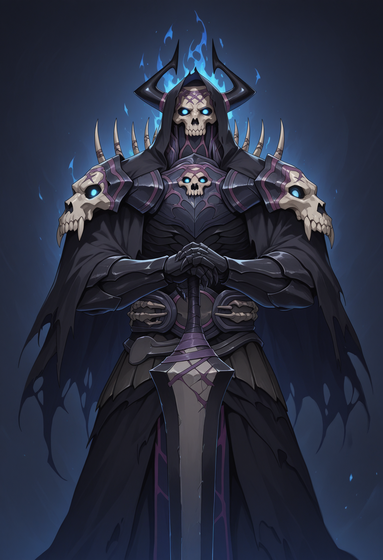 solo, 1 boy, male focus, king hassan, mask, horns, blue eyes, glowing eyes, no pupils, hood, cloak, robe, armor, holding sword, abstract background, multicolored background, particle, dynamic, blue fire,
perfect anatomy, masterpiece, perfect quality, best quality, detailed, newest, very aesthetic  <lora:KingHassan_FateGrandOrder_V1_ILXL:0.9000000000000001>