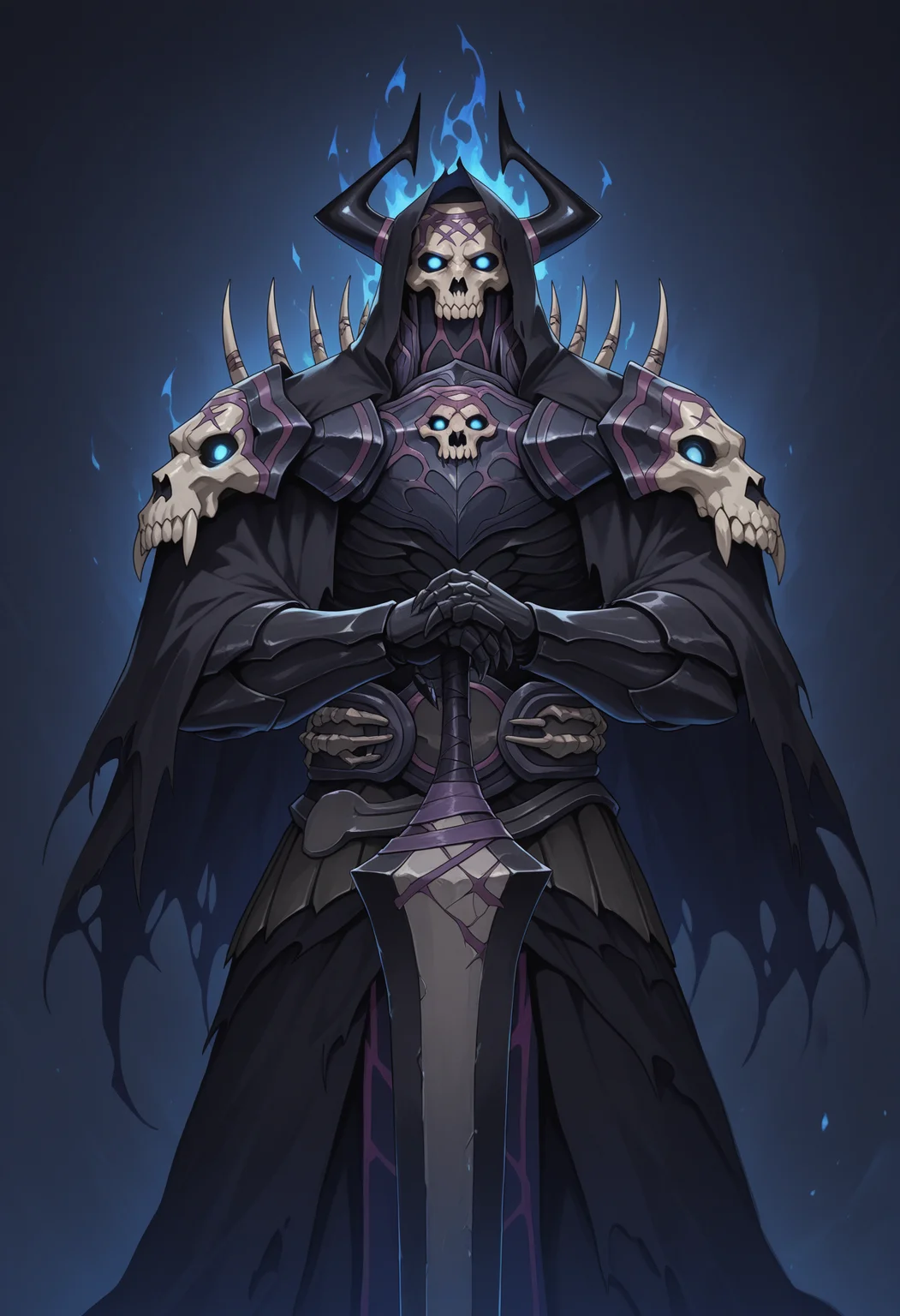 solo, 1 boy, male focus, king hassan, mask, horns, blue eyes, glowing eyes, no pupils, hood, cloak, robe, armor, holding sword, abstract background, multicolored background, particle, dynamic, blue fire,
perfect anatomy, masterpiece, perfect quality, best quality, detailed, newest, very aesthetic <lora:KingHassan_FateGrandOrder_V1_ILXL:0.9000000000000001>