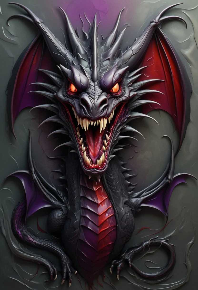 Sinister Nature Print of a Vampire Dragon, Abstract Satin Style, Gradients of Dark Crimson, Blood Red, and Smoky Charcoal, Fangs Dripping Neon Purple Venom, Glossy Scales, and Fiery Eyes, High-Gloss Surface, Evoking a Gothic and Haunting Halloween Essence