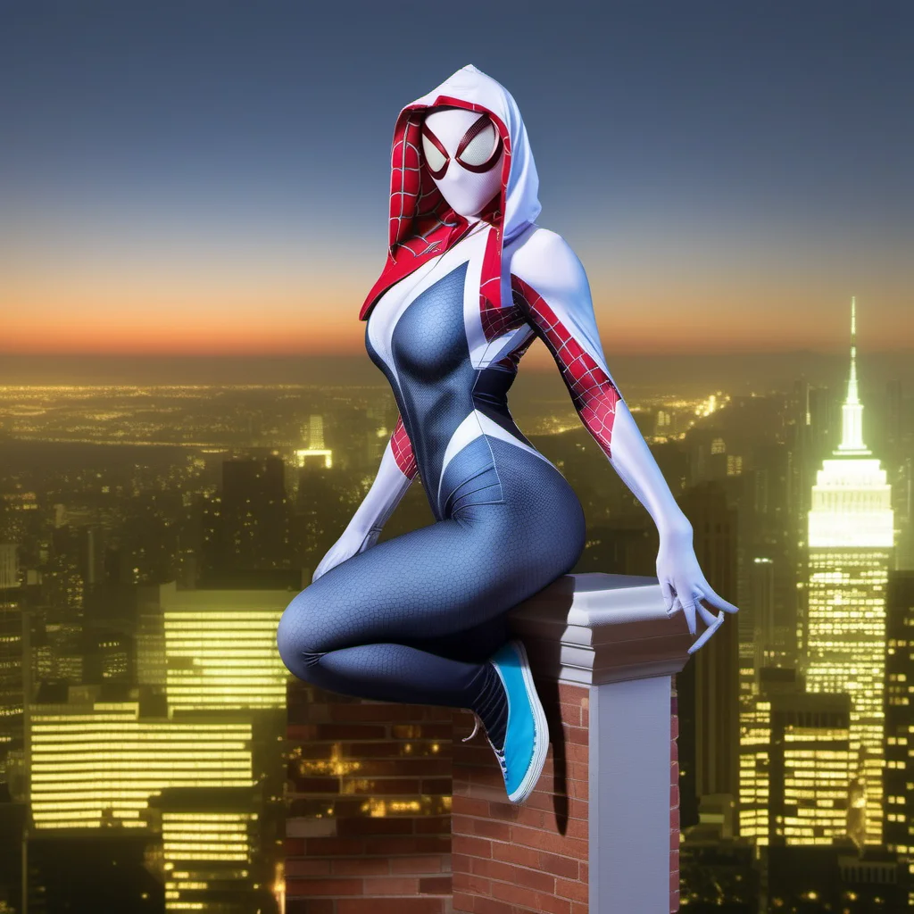 a full body woman, big breast, wears a hooded bodysuit, a spiderman mask lookalike, on top of a building, night, city lights background <lora:SpiderGwen1024:0.9>