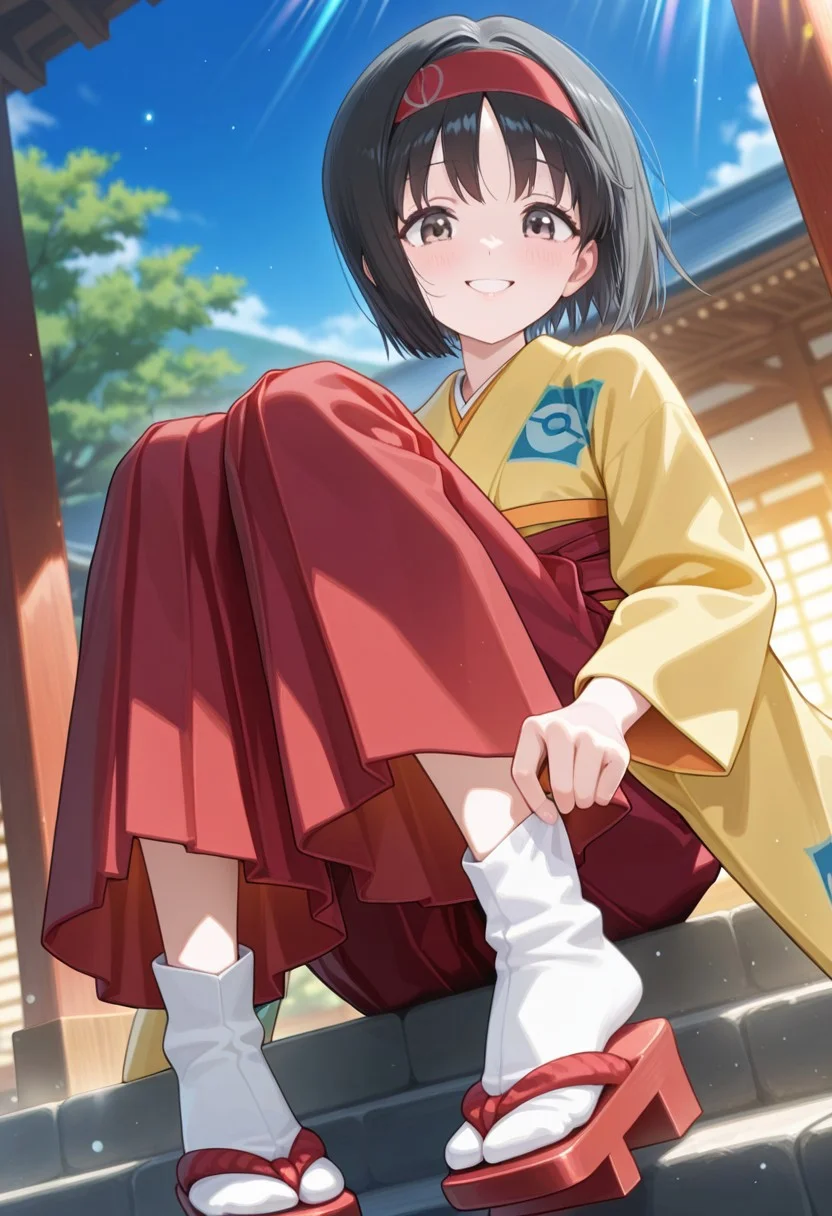 1girl, nsfw, erika, black hair, red hairband, short hair, brown eyes, yellow kimono, hakama, red hakama, long sleeves, wide sleeves, (cute expression, cute smile, tilted head) BREAK dynamic view, dynamic cute pose, feet focus, foot up, knees up, white tabi, geta, adjusting sock, dainty feet, BREAK outdoors, detailed background, colorful, vibrant colors, soft lighting, lighting rays, glowing particles, volumetric lighting, soft shading, rich detailing, official art, BREAK detailed eyes, detailed clothes, soft skin texture, high-arched feet, delicate legs, large calf, (masterpiece:1.4, best quality:1.4, amazing quality, newest, very aesthetic:1.4, ultra-detailed, absurdres, 4k)