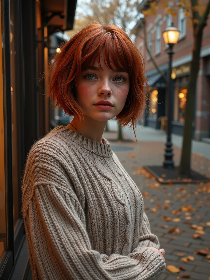 Create a photorealistic composition featuring a glamorous young beauty with vibrant red hair in a small-town street scene during autumn. She is near a shop window, wearing A cozy sweater with chunky cable knit patterns, perfect for a warm, autumnal vibe. Her short, tousled bob frames her freckled face, capturing the soft light from nearby streetlamps. The cobblestone pathway is sprinkled with fallen leaves in shades of orange and yellow, and the street is lined with charming brick buildings. Trees with autumn foliage add color to the scene, while a gentle mist envelops the background, adding depth and tranquility. The woman’s expression is thoughtful, as she gazes away from the camera, lost in contemplation. The overall atmosphere is warm and nostalgic, with soft shadows enhancing the realism and capturing the essence of a peaceful autumn day in a quaint town.Subtle mist enveloping the street for a dreamy effect.Detailed textures on the brick pathway.Realistic light reflections in the shop windows.Natural texture on her hair strands.