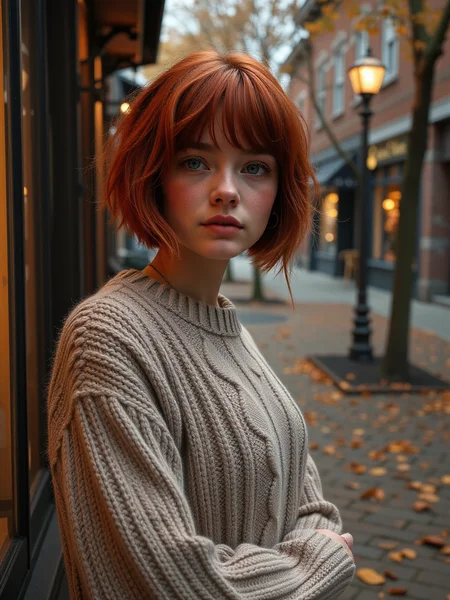 Create a photorealistic composition featuring a glamorous young beauty with vibrant red hair in a small-town street scene during autumn. She is near a shop window, wearing A cozy sweater with chunky cable knit patterns, perfect for a warm, autumnal vibe. Her short, tousled bob frames her freckled face, capturing the soft light from nearby streetlamps. The cobblestone pathway is sprinkled with fallen leaves in shades of orange and yellow, and the street is lined with charming brick buildings. Trees with autumn foliage add color to the scene, while a gentle mist envelops the background, adding depth and tranquility. The woman’s expression is thoughtful, as she gazes away from the camera, lost in contemplation. The overall atmosphere is warm and nostalgic, with soft shadows enhancing the realism and capturing the essence of a peaceful autumn day in a quaint town.Subtle mist enveloping the street for a dreamy effect.Detailed textures on the brick pathway.Realistic light reflections in the shop windows.Natural texture on her hair strands.
