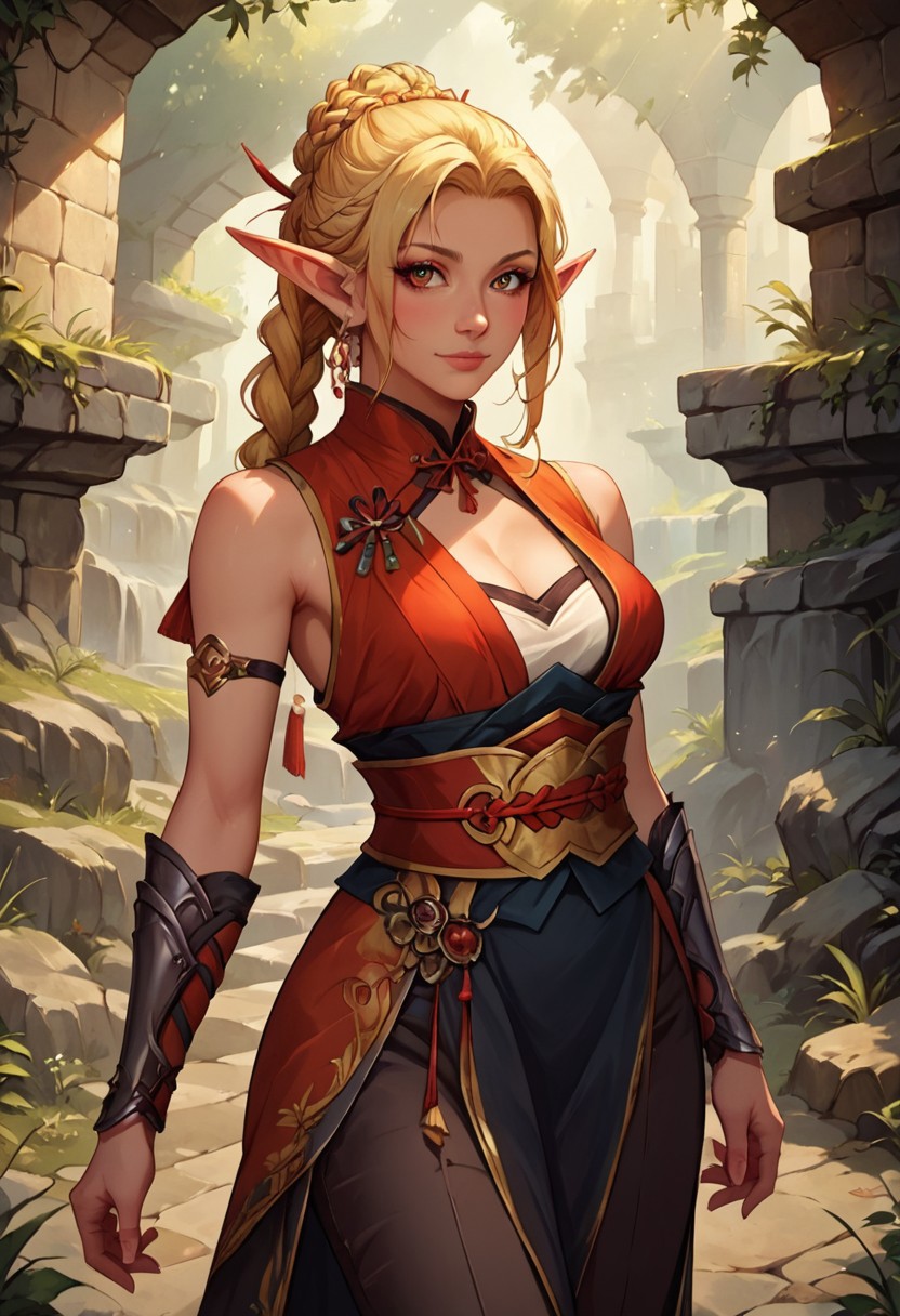 score_9, score_8_up, score_8, 1girl, solo, elf girl, fair skin, long golden blonde hair, braid, medium breast, fantasy kunoichi archer, standard black kunoichi attire, sleeveless garment, a red obi wrapped around her waist, pants that have openings around her thighs, blouse noticeably kept slightly opened, showing off most of her cleavage, fantasy dungeon background, detailed colours, cinematic light, fully coloured, volumetric lighting