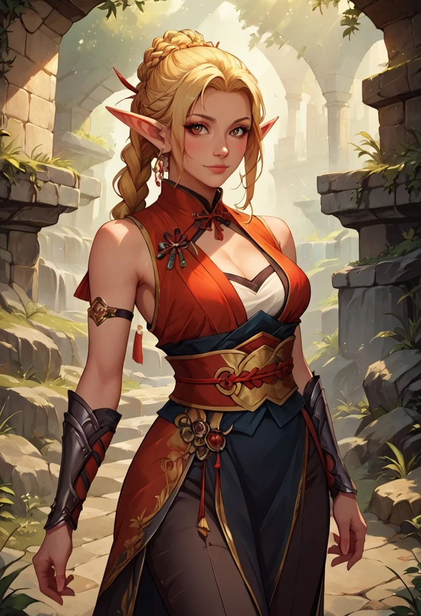 score_9, score_8_up, score_8, 1girl, solo, elf girl, fair skin, long golden blonde hair, braid, medium breast, fantasy kunoichi archer, standard black kunoichi attire, sleeveless garment, a red obi wrapped around her waist, pants that have openings around her thighs, blouse noticeably kept slightly opened, showing off most of her cleavage, fantasy dungeon background, detailed colours, cinematic light, fully coloured, volumetric lighting