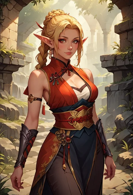 score_9, score_8_up, score_8, 1girl, solo, elf girl, fair skin, long golden blonde hair, braid, medium breast, fantasy kunoichi archer, standard black kunoichi attire, sleeveless garment, a red obi wrapped around her waist, pants that have openings around her thighs, blouse noticeably kept slightly opened, showing off most of her cleavage, fantasy dungeon background, detailed colours, cinematic light, fully coloured, volumetric lighting