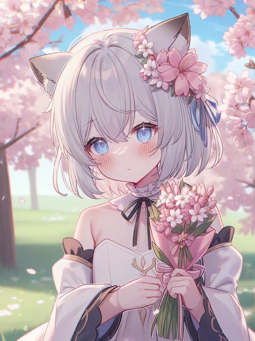 1girl,solo,cherry blossoms,hair flower,pink flower,hair ribbon,cat ears,animal ear fluff,grey hair,short hair,bangs,blue eyes,hair between eyes,eyebrows visible through hair,blush,closed mouth,neck ribbon,white dress,crease,frilled_collar,detached_sleeves,flat chest,
holding bouquet,looking at viewer,
tree,blue sky,outdoors,cloud,landscape,flower,grass,
<lora:sei_umehara_1-000044:1>,