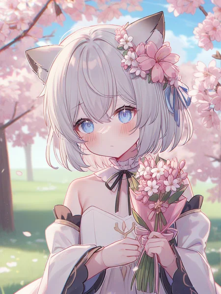 1girl,solo,cherry blossoms,hair flower,pink flower,hair ribbon,cat ears,animal ear fluff,grey hair,short hair,bangs,blue eyes,hair between eyes,eyebrows visible through hair,blush,closed mouth,neck ribbon,white dress,crease,frilled_collar,detached_sleeves,flat chest,
holding bouquet,looking at viewer,
tree,blue sky,outdoors,cloud,landscape,flower,grass,
<lora:sei_umehara_1-000044:1>,