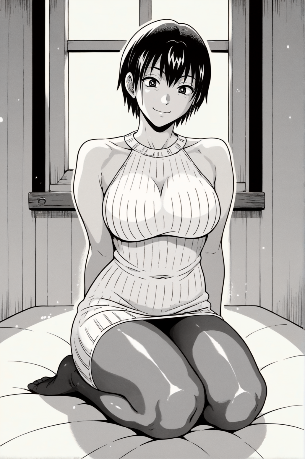 score_9, score_8_up, score_7_up, monochrome, manga_source, best background, detailed background, manga, grayscale  Kaguya, Sexy Sweater Outfit, smug, full body, indoors, <lora:JN_Shizuku_Kaguya:0.8>
