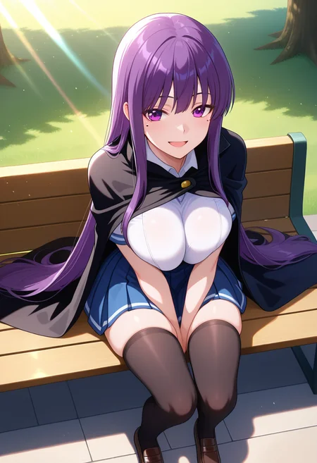 masterpiece, best quality, amazing quality, 1girl, solo, fujikoww, purple eyes, purple hair, long hair, very long hair, mole under eye, large breasts, school uniform, black cape, white school shirt, short sleeves, blue pleated skirt, zettai ryouiki, black thighhighs, loafers, <lora:Etou_Fujiko_Ichiban_Ushiro_no_Daimaou_ill_v11:0.9>, from above, sitting, on bench, slightly hunched, hands between thighs, elbows resting on thighs, relaxed posture, arms pressing against chest, breasts squeezed together, breasts squished between arms, breast emphasis, closed legs, looking at viewer, smile, open mouth, outdoors, park, day, sunlight, skindentation, detailed clothing folds, depth of field, sharp, high contrast, dynamic light