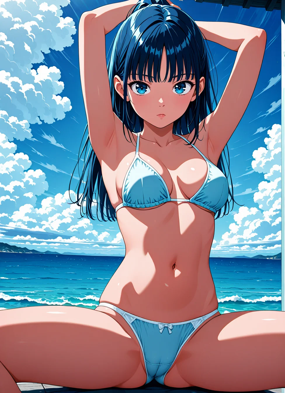 anime screencap, anime coloring, anime, cowboy shot, uncensored, 1girl, solo, standing, highleg swimsuit, fat pussy under clothes, outdoors, ocean, medium breasts, day, spread legs, <lora:Fat_pussy_under_panties-v1.0:0.8>, <BREAK> , masterpiece, best quality, absurdres, highres, very aesthetic, high quality, detailed, insanely detailed, beautiful, very awa, anime screencap
