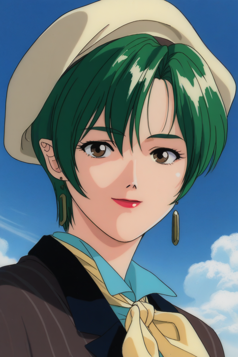 masterpiece, best quality, source_anime,official art,perfect_anatomy,1990s_\(style\),retro_artstyle,1girl, mm,a mature female,Milia_Fallyna,green_hair,bangs,short_hair,earrings,lipstick,makeup,suit,hat,(beautiful detailed face,looking_at_viewer,smile),upper body,day,blue_sky,cloud